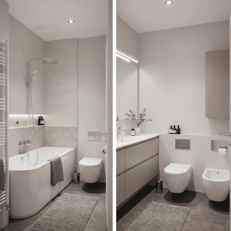 Modern bathroom layout depicting combined and separate solutions for a family home.