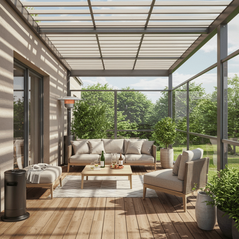 Terraza adaptada para todas las estaciones, protegida del sol, el viento y el frío