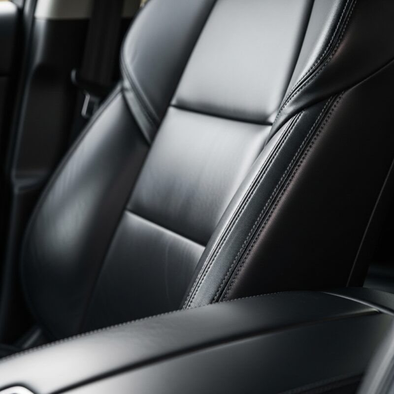 Švarus ir blizgus automobilio odinis salonas po profesionalaus valymo ir priežiūros.